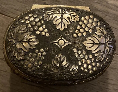 #ad Oval Brass Jewelry Box Grapes And Vines Red Inside Vintage 3 1 4” X 2.5 X 1 1 2” $14.41