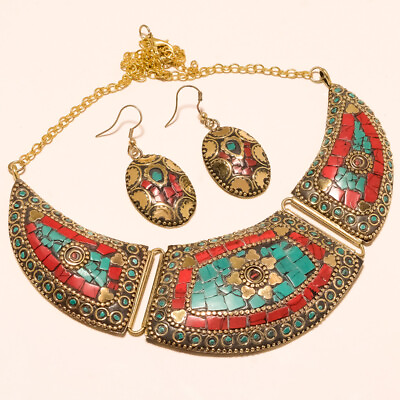 #ad SANTA TURQUOISE amp; CORAL STONE GOLD PLATED TIBETAN NECKLACE amp; EARRING SET 17 18quot; $23.64