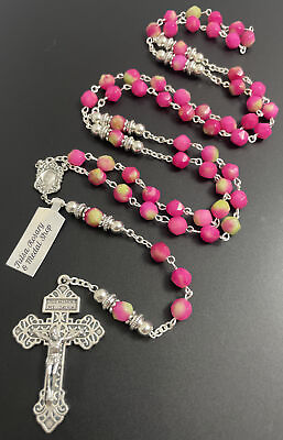 #ad Semi Precious Pink amp; Green Facet Jasper Stone 27” Rosary Pardon Crucifix Tag $49.99