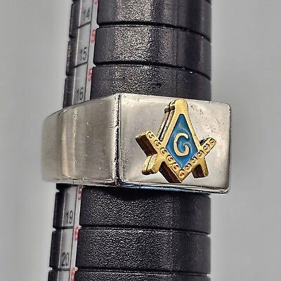 #ad Mens Freemason Ring Stainless Steel Masonic Gold Tone G Compass Blue Backround $19.99