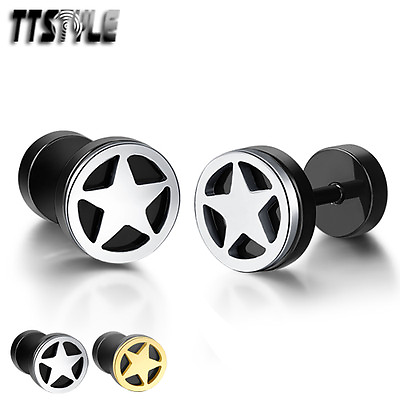 #ad TTstyle Black Base Stainless Steel Star Fake Ear Plug Earrings Silver Gold NEW AU $10.99