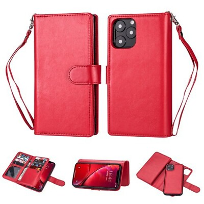 #ad Leather Wallet Removable Magnetic Dual Case Cover RED For iPhone 13 $8.95