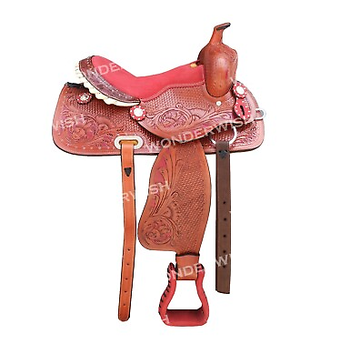 #ad Red Crystal amp; Seat Western Leather Barrel Horse Saddle Set Size 10quot; 18quot; $487.34