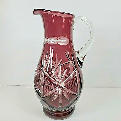 #ad Cranberry Cut to Clear Bohemian Czech Crystal Glass Pitcher 12” tall Heavy $99.99