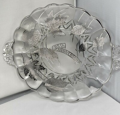 #ad Vintage Crystal Sterling Overlay 25th Anniversary Cake Plate Platter Tray HEAVY $10.49