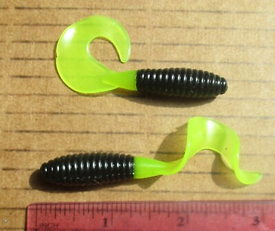 #ad 25 BLACK CHARTREUSE 3quot; Curly Tail GRUBS Bass Crappie Fishing Lures Walleye Baits $10.99