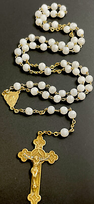 #ad Vintage Catholic Pearly Cats Eye White Milk Glass Rosary Gold Tone Crucifix $13.99