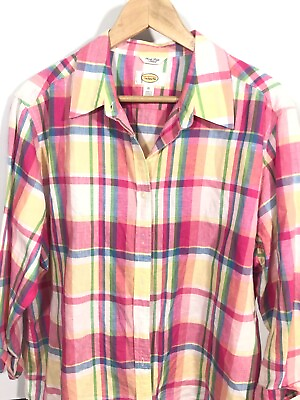 #ad Talbots Womens Top XL Button Front Irish Linen Plaid Pink Casual $18.27