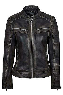 #ad Women#x27;s Genuine Lambskin Leather Jacket Black Slim Fit Biker Motorcycle Jacket $104.99