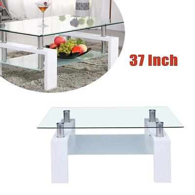 #ad White Modern Side Coffee Table Glass Top Living Room Furniture Rectangle Shelf $88.99