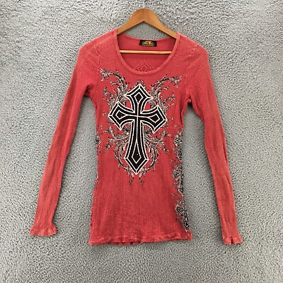 #ad Bling Rider Long Sleeve T Shirt Women M Red Rhinestone Embedded Cross Roundneck $17.99