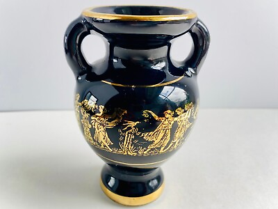 #ad Greek Vase Black and 24K Gold Greek Mythology Vase Urn Small 4quot; Greece $7.50