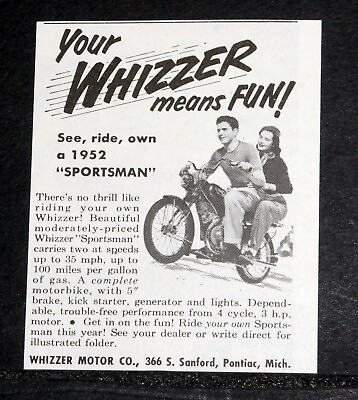 #ad 1952 OLD MAGAZINE PRINT AD 1952 WHIZZER SPORTSMAN 35 MPH WHIZZER MEANS FUN $12.99