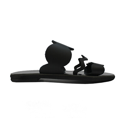 #ad Ancient Greek style black flat real leather slide sandals handmade summer $55.00