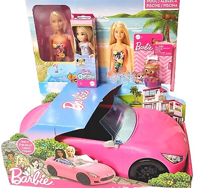 #ad ​Barbie Toy Car Bright Pink 2 seater Convertible Pool Playset Chelsea amp; Puppy $43.94