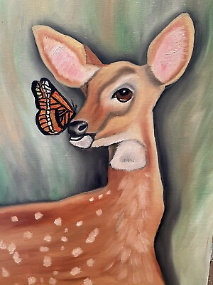 #ad Original Oil Painting Artwork Signed Canvas Cute Fawn Deer With Butterfly $29.99