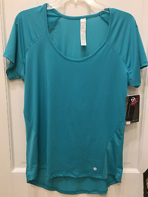 #ad NWT Bally Total Fitness Dry Wik Short Sleeve Top SZ Large Teal Blue Cut Out Back $12.79