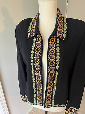 #ad St. John Collection Knit Jacket Black with Beautiful Multicolor Trim Size 14 $175.50