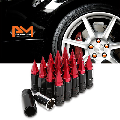 #ad M12X1.5 Red JDM Cone Wheel Lug NutsSpline LocksSpiked CapsKey 25mmx75mm 20Pc $30.51