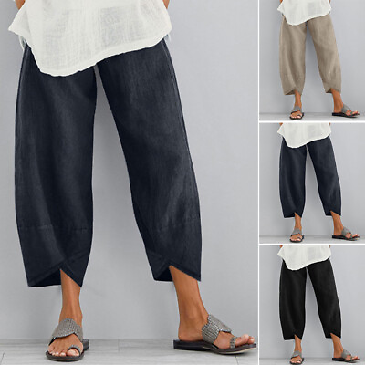 #ad US STOCK Women Summer Pants Casual Cropped High Waist Pull On Long Trousers Plus $10.76