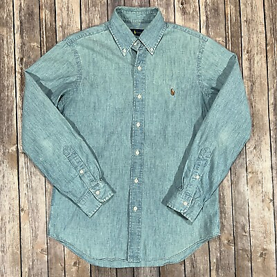#ad Ralph Lauren Chambray Denim Long Sleeve Button Shirt Small Mens Blue Western $29.95