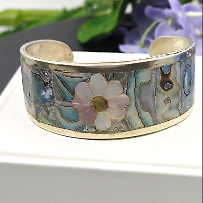 #ad Alpaca Mexico Cuff Bracelet Abalone Shell Mother of Pearl Floral Vtg Silver Tone $23.20