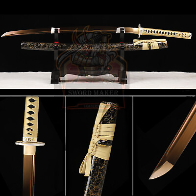 #ad Japanese Samurai Sword Full Tang Katana 1095 High Carbon Steel Gold Blade Sharp $99.99