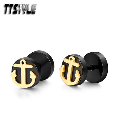 #ad TTstyle Black Gold 8mm Round Stainless Steel Anchor Fake Ear Plug Earrings Pair AU $10.99