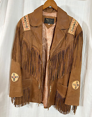 #ad Vtg American Style Fringe Southwest Brown Leather Coat Fits Mens Oversized Med $79.00