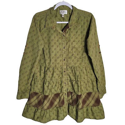 #ad Ryan Michael Size Large Button Front Tunic Blouse Boho Western Paisley Green $54.95