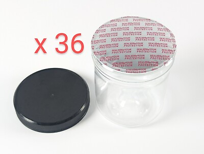 #ad 36pcs.Clear Wide Mouth Plastic 6oz Jars Tamper Evident Foil Seals Lids Caps $22.99