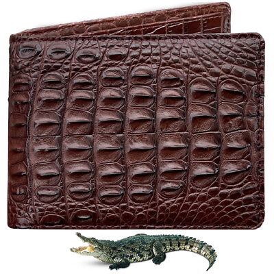 #ad Genuine Crocodile Leather Skin Brown Bifold Wallet Men#x27;s Double Side RFID Block $80.10