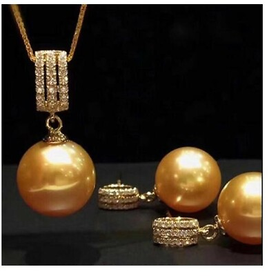 #ad Gorgeous AAA11 10mm natural south sea golden round pearl pendant earring set $128.00