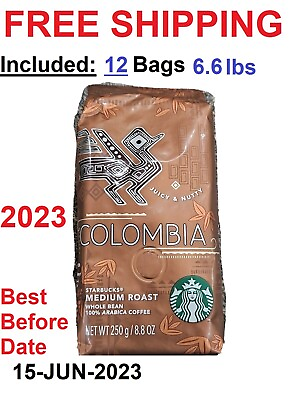 STARBUCKS COLOMBIA whole bean coffee 12 bags 8.8 oz 6.6 lbs BBD 16 JUN 2023 $59.99
