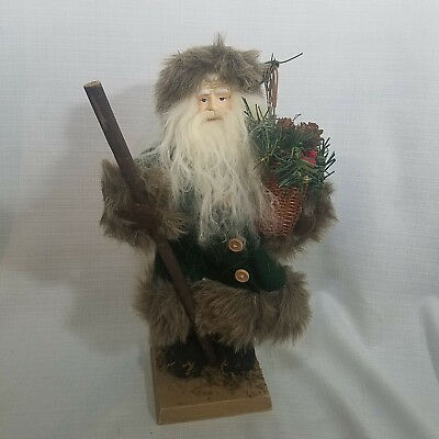#ad Santa Handmade Christmas 14quot; Decoration Green Suit Basket Holly Berries Preowned $40.00