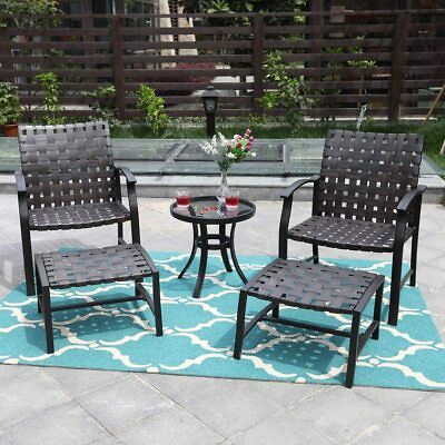 #ad 5 Pcs Patio Strap Strapping Chairs and Ottoman with Glass Top Side Coffee Table $289.99