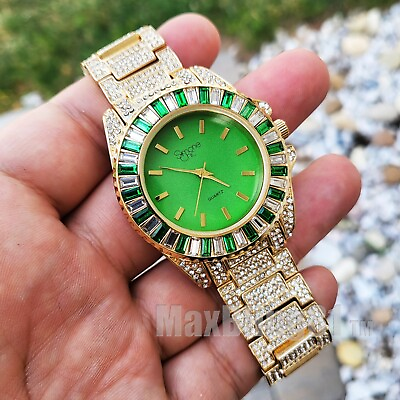 #ad Women#x27;s Hip Hop Iced Gold Plated Green Cubic Zirconia Metal Band Luxury Watch $26.99