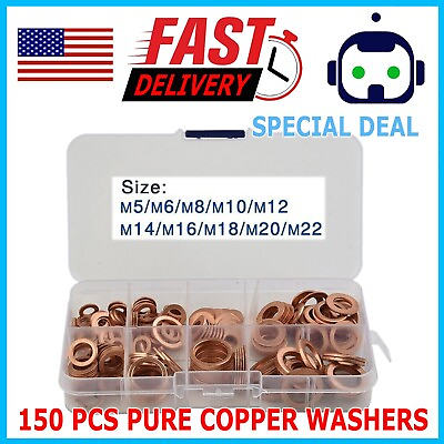 #ad 150X Copper Crush Washer Gasket Set Flat Ring Seal Assortment Kit For M5 M20 Kit $12.79