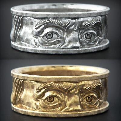 #ad 925 Silver Gold Floating Carved Double Eyes Staring Eye Ring Male $13.49