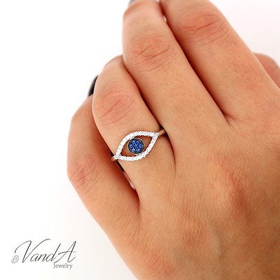 #ad Sterling Silver 925 Evil Eye Ring with blue and clear CZ Elegant Band Ring R21 $32.99
