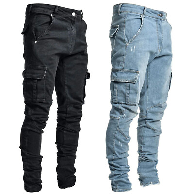 #ad Men Skinny Jeans Stretch Slim Fit Pants Bike Jeans Cargo Pants Pockets Ripped $18.99