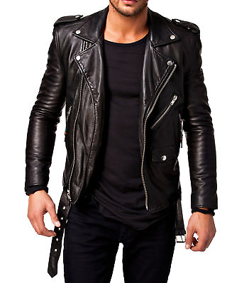#ad Men Leather Jacket Motorcycle Black Slim fit Biker Genuine lambskin jacket $99.99