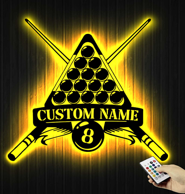 #ad Custom Billiards Metal Wall Art with LED Light Personalized Snooker Player Sign $65.99
