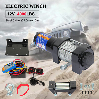 #ad 4000LBS Winch ATV UTV 12V Electric Off Road Steel Cable w 4 way Roller Remote $85.09