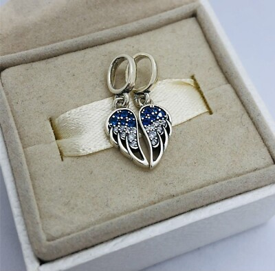 #ad Authentic 925 Sparkling Two Pieces Splitable Blue Angel wings Charm $18.00