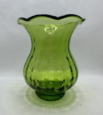 #ad Vintage Green Hand Blown Glass Optic Dot Vase 6quot; Tall MCM Scalloped Rim $24.99