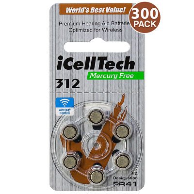 #ad iCellTech Size 312 1.45V Zinc Air Hearing Aid Batteries 300 Pack $68.97