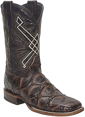 #ad Men Pirarucu Leg Print Leather Western Wide Square Toe Brown Cowboy Boots $119.00