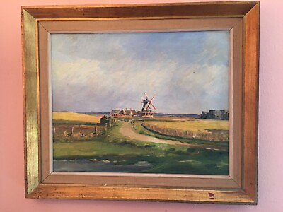 #ad OLD PLEIN AIR OIL PAINTING HOLLAND WINDMILL HOUSE LANDSCAPE SIGNED FRAMED DUTCH $375.00