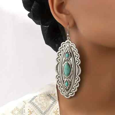 #ad Boho 925 Sterling Silver Vintage Tibetan Tibet Turquoise Dangle 4quot; Hook Earrings $15.74